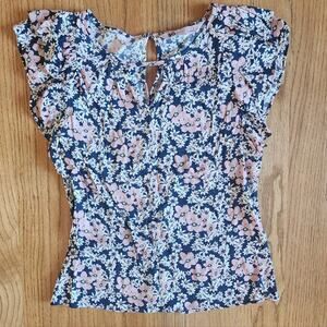 SO Junior's Blue Floral Crewneck Keyhole Flutter Sleeve Pullover Blouse Small S